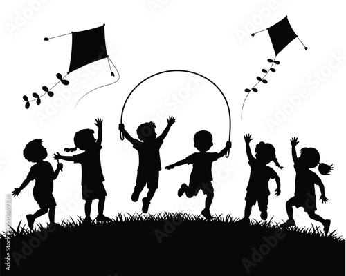 Minimal Outdoor Play Scene with Children in Motion Silhouette Art