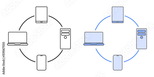 Multi-device sync for accessibility icon showing phone, tablet, laptop, and desktop interconnected for seamless inclusive experience.