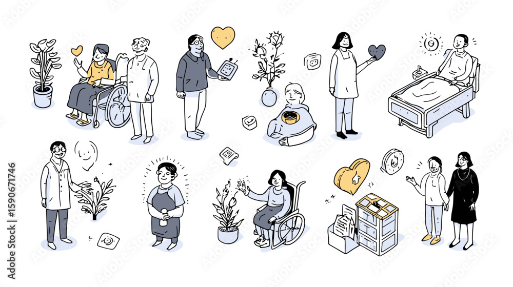 Fototapeta premium Illustration of healthcare professionals and patients interacting with care and assistance in a hospital setting on transparent background