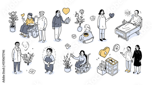 Illustration of healthcare professionals and patients interacting with care and assistance in a hospital setting on transparent background