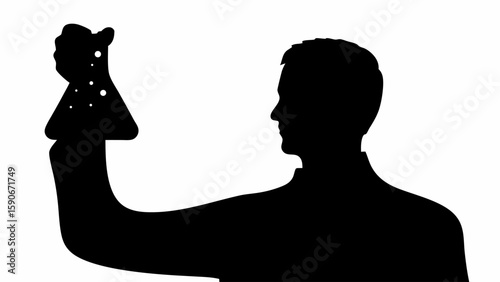 Silhouette of a scientist holding a flask with liquid and bubbles in a laboratory setting looking right