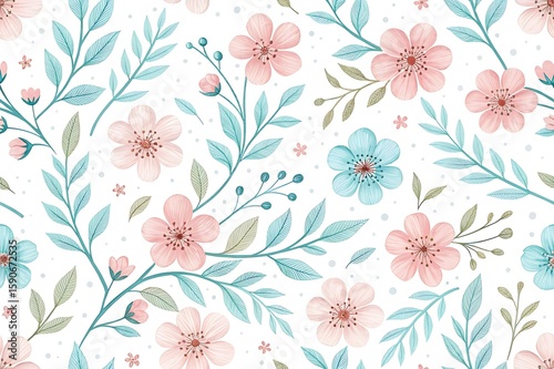Wallpaper Mural Seamless Pastel Floral Pattern with Small Blossoms and Soft Leaves on White Background, Elegant Spring Vector Design for Textiles, Packaging, or Backgrounds Torontodigital.ca