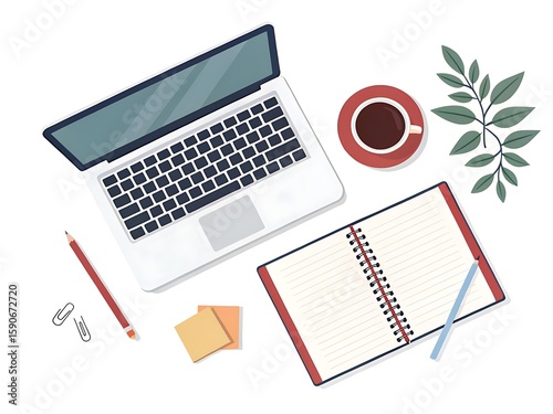 Flat Lay Vector of Minimal Workspace with Laptop, Notebook, and Coffee Cup on Clean Background, Top View Design for Office, Remote Work, or Productivity Scenes