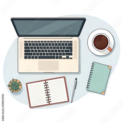 Flat Lay Vector of Minimal Workspace with Laptop, Notebook, and Coffee Cup on Clean Background, Top View Design for Office, Remote Work, or Productivity Scenes
