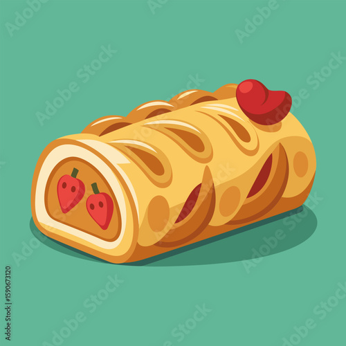 Strawberry pastry roll displayed against a teal backdrop. Colorful. appetizing. and visually appealing pastry roll with two strawberries and red topping.