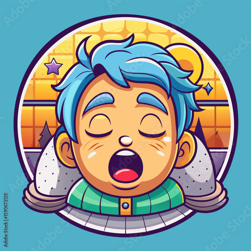 Cartoon boy with light skin and vibrant blue hair in casual teal clothing. sleeping with mouth open in a stylized. circular nighttime scene.