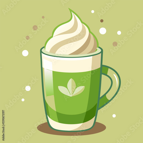 Matcha Latte with Whipped Cream in a Glass Cup. A vibrant illustration of a matcha latte with whipped cream in a glass cup.