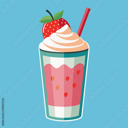 Strawberry milkshake in disposable cup with whipped cream and straw. Colorful graphic illustration of beverage on light blue background.