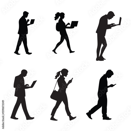silhouette of business people using laptop and phone