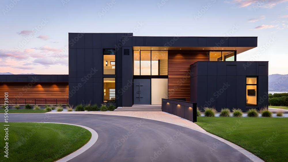 Obraz premium Modern dark facade luxury home with wood accents and panoramic mountain views at dusk