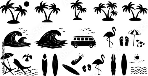 Black summer beach icon set, flat vector silhouette style, isolated on white, A tropical beach and surf-themed vector set with palm trees, waves, surfboards, a van, flamingos, and ocean elements	
