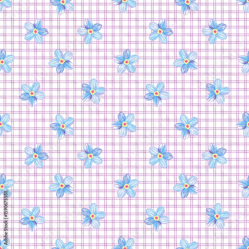 Seamless pink purple checkered blue flower pattern background. Forget-me-not endless check backdrop. Hand drawn floral watercolor repeating illustration for textile, wrapping, wallpaper, fabric, paper
