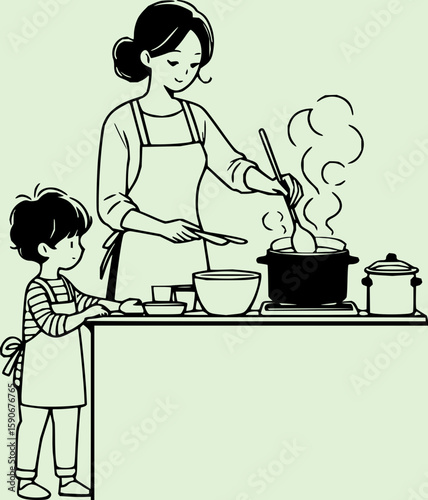 Illustration of a mother cooking with her son in the kitchen while stirring a pot on the stove top