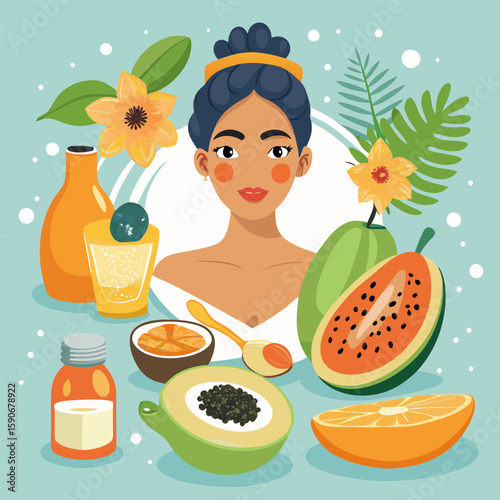 Dark skinned woman with a golden headband. in a white. spa like setting. surrounded by tropical fruits and skincare products. smiling serenely. Natural beauty routine for a spa location.