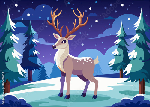 A stylized illustration of a deer in a snowy forest at night. A young deer with large antlers stands on a snowy landscape under a night sky. surrounded by snow covered pine trees.