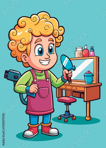 Young girl in an apron and colorful attire. holding a styling tool. in a kid friendly salon setting. Child stylist with tools and accessories. play salon.
