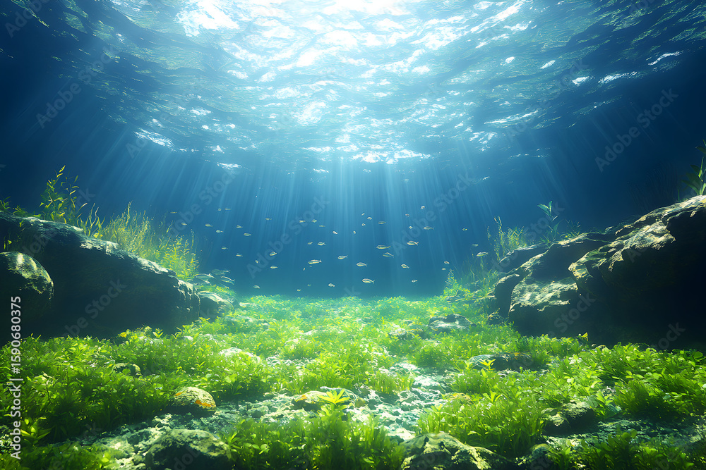 Fototapeta premium Underwater scene of green seaweed on rocks, sunlight from above.