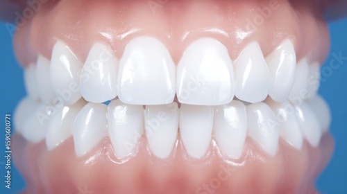 A close-up of bright white teeth with a natural smile, highlighting dental hygiene.
