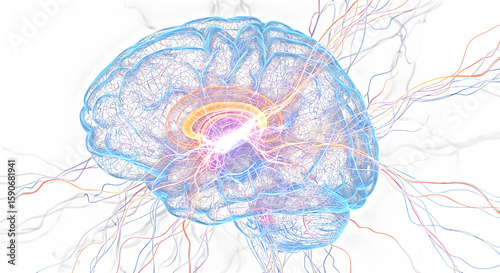 Illuminated brain with neural connections and electric impulses against a dark background design concept