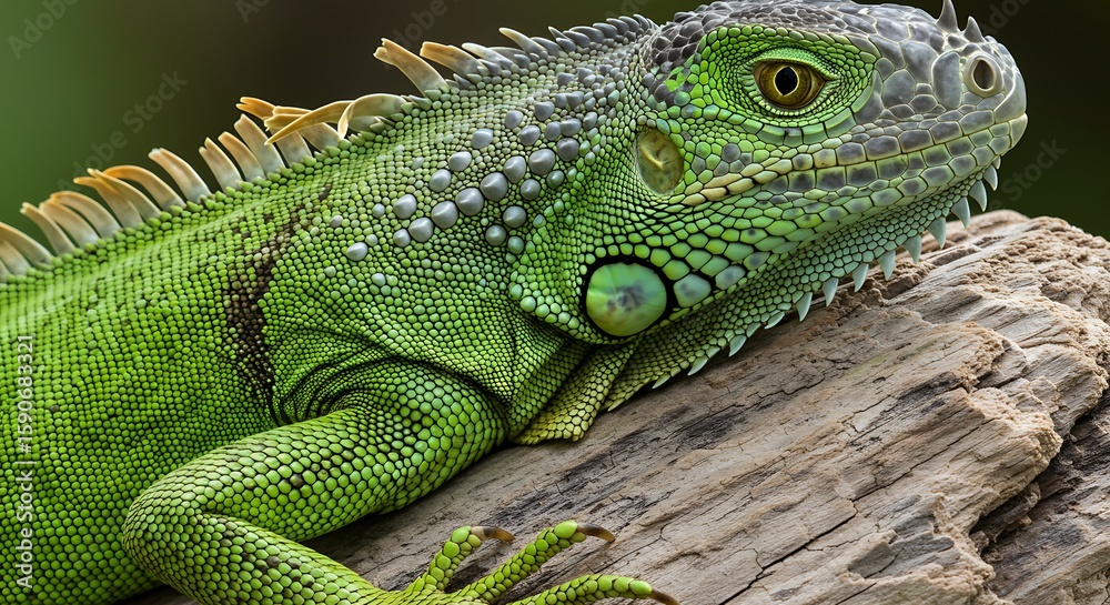 Fototapeta premium Detailed CloseUp of a Vibrant Green Iguana Resting on Wood Surface