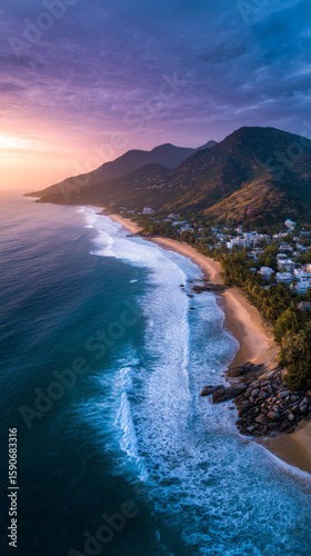 Vibrant sunrise over a tropical coastline with mountains and a sandy beach, phone wallpaper