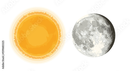 Illustration showing the sun as a bright yellow orb and the moon as a gray textured sphere on white background on transparent background