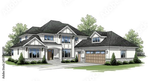 Illustration of a two story residential house with a garage and trees surrounding the property view from front on transparent background