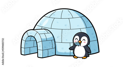Cartoon penguin holding a fish standing next to a blue igloo with an arched entrance way in the arctic on transparent background