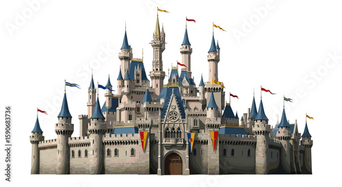 Detailed illustration of a majestic castle with multiple towers flags and intricate architectural details on transparent background