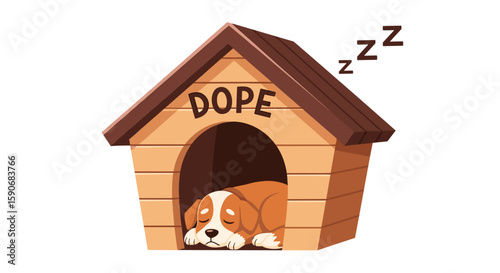 Illustration of a sleeping dog inside a dog house with the word dope and zzz above the dog house roof on transparent background