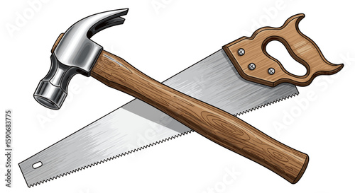 Illustration showing a crossed hammer and hand saw with wooden handles and metal heads on a white background on transparent background