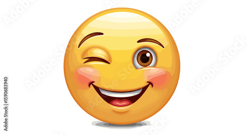 Illustration of a yellow emoji with one eye closed in a winking gesture and a smiling expression displayed on transparent background