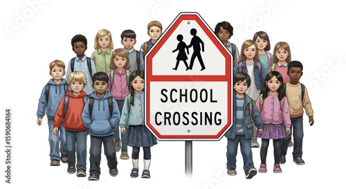 Illustration of diverse group of children standing near a school crossing sign with pedestrian symbol shown on transparent background