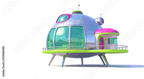 Illustration of a futuristic silver building with green accents and pink trim on a white background on transparent background