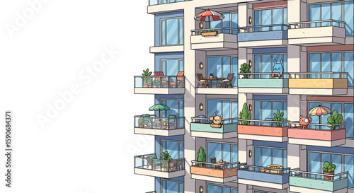 Illustration of a tall apartment building with multiple balconies and outdoor furniture shown in detail on transparent background