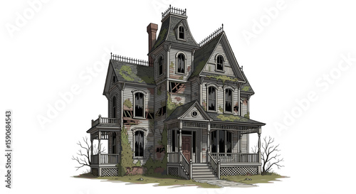 Illustration of an old dilapidated victorian house with broken windows and overgrown vegetation around it on transparent background