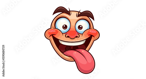 Cartoon face with exaggerated features showing tongue and wide smile with bulging eyes and bushy eyebrows on transparent background