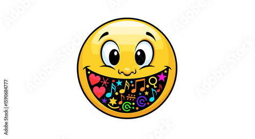 A yellow emoji face with a wide open mouth filled with colorful music notes and symbols on a white background on transparent background