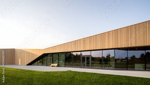 Wallpaper Mural Modern wooden building with large glass windows reflecting the sky and trees Torontodigital.ca