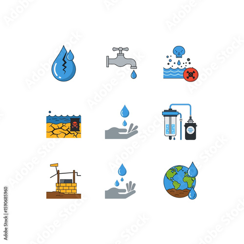 Water scarcity, pollution, and purification solutions illustrated through icons.