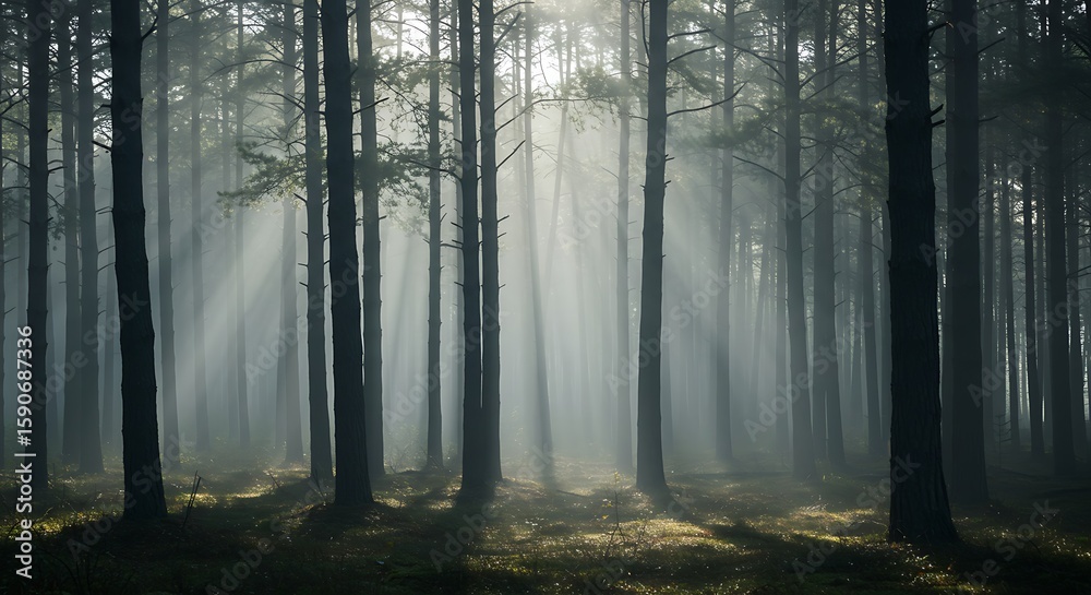 Naklejka premium Ethereal Sunbeams Piercing Through Dense Fog in a Mystical Pine Forest.