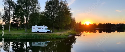Recreational vehicle by lakeside at sunset