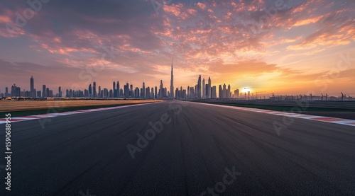 Empty race track leads to city skyline at sunrise