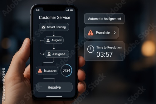 Smartphone Display Showing Customer Service Workflow with Smart Routing, Escalation Path and Resolution Timer
