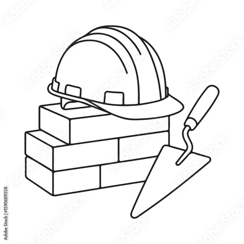 Bricklayer Construction Tools Vector Illustration with Helmet Trowel and Bricks
