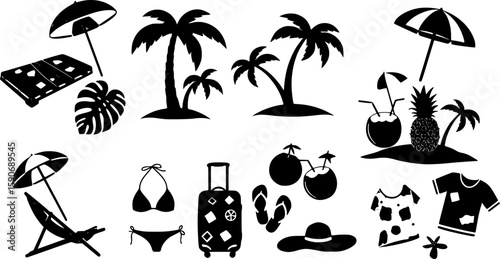 summer time beach holidays travel design elements, decoration Silhouettes: mattress, suitcase, umbrella, sunchair, palm tree, leaf, fruits, pineapple, coconut drink, flip flops, bikini, hat, shirt	