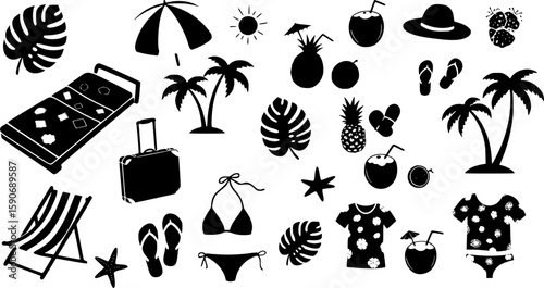 summer time beach holidays travel design elements, decoration Silhouettes: mattress, suitcase, umbrella, sunchair, palm tree, leaf, fruits, pineapple, coconut drink, flip flops, bikini, hat, shirt	