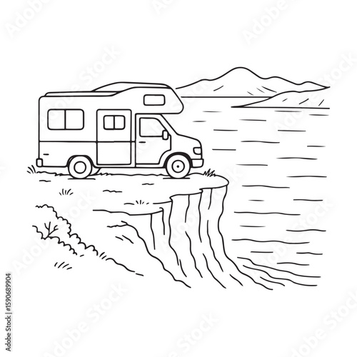 Campervan Cliffside Camping Line Art – Minimalist Black and White Vanlife Nature Vector Illustration