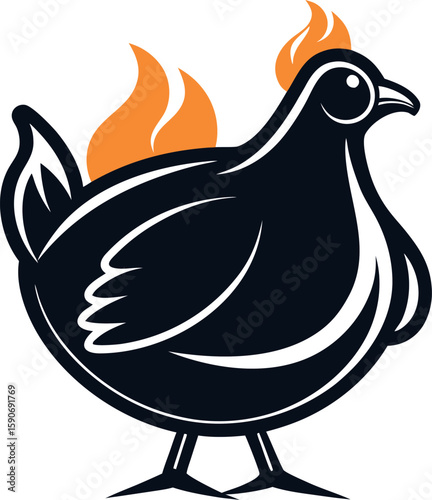 Stylized black chicken with orange flames on its back silhouette