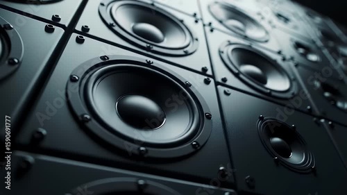 Black Speaker Wall with Metal Frames for Immersive Audio Experience and Powerful Sound Output in a Modern Industrial